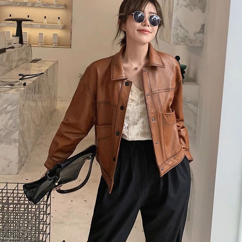 2023 New Trends Women's Genuine Sheepskin Leather Shirt Real Lambskin Sheep Leather Shacket Coat CL4034