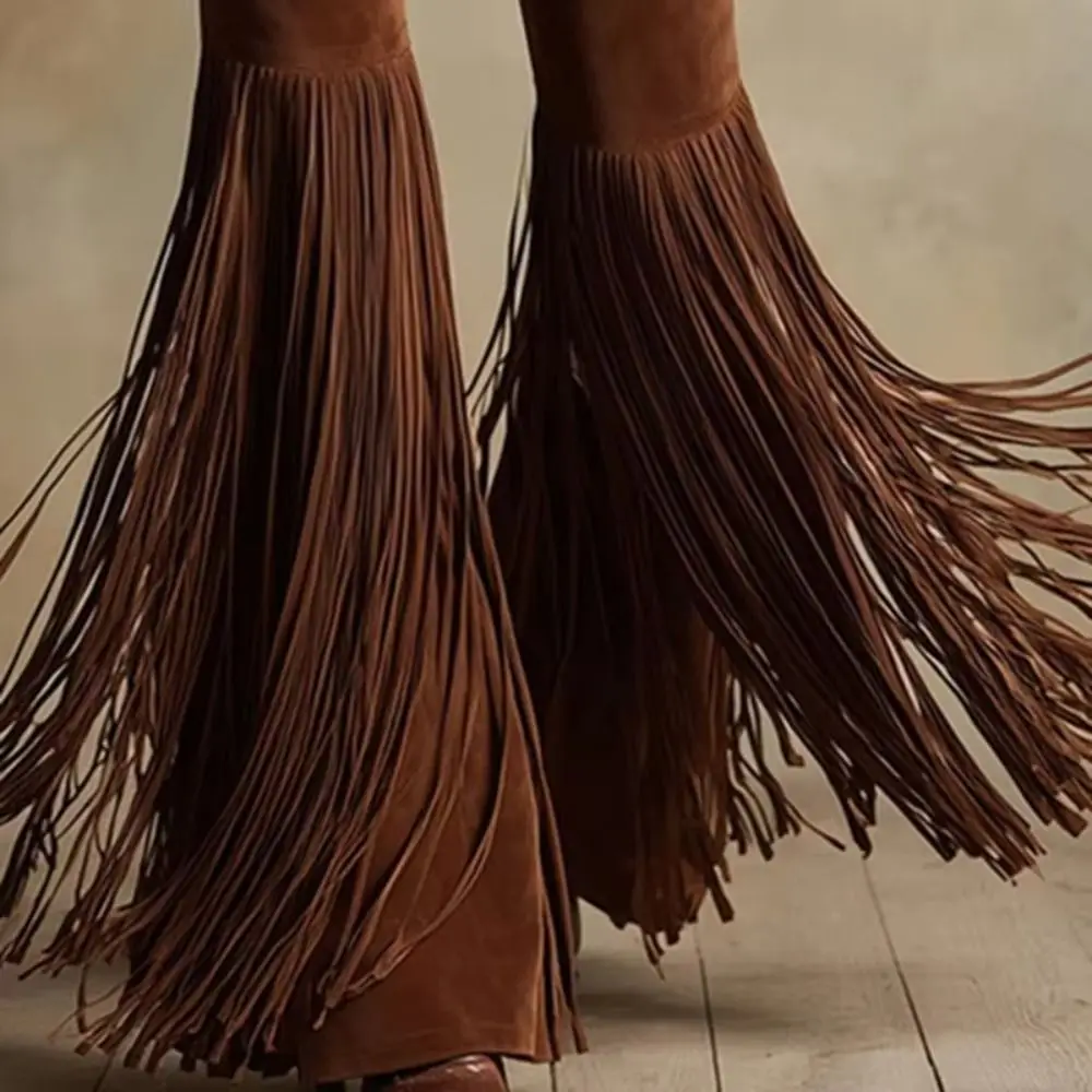 Solid Color Suede Tassel Pants Fringe Hem Streetwear Retro High Waist Trousers Splicing Design Boho Style Slim Fit Flare Pants