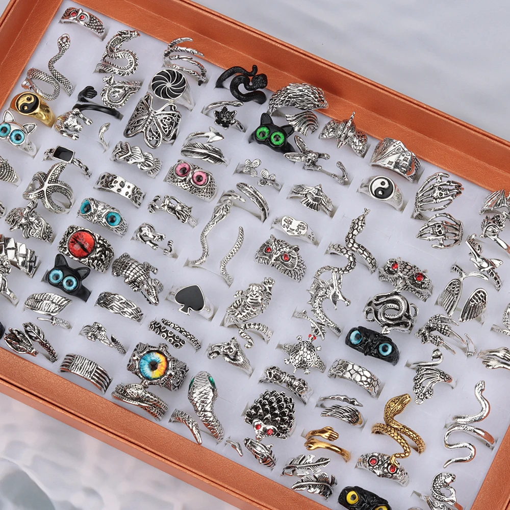 20 Pieces/Lot Vintage Punk Snake Rings for Women and Men Dragon Animal Devil\'s Eye Adjustable Mix Hip Hop Gothic Charm Jewelry