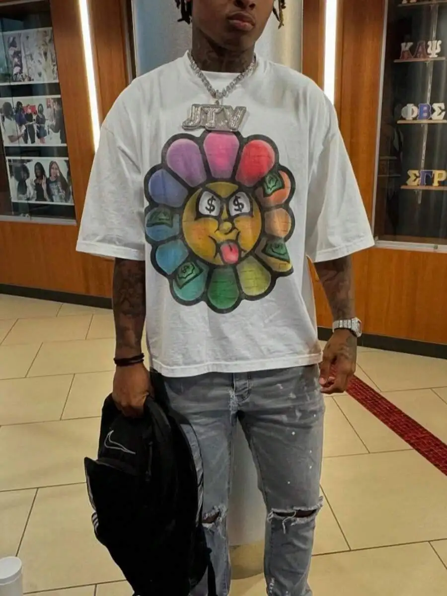 1 PCS Double‑Sided Rainbow Money Flower Graphic With Dollar‑Sign Eyes Cartoon Face And F3 Logo, Loose‑Fit Y2K Streetwear Top