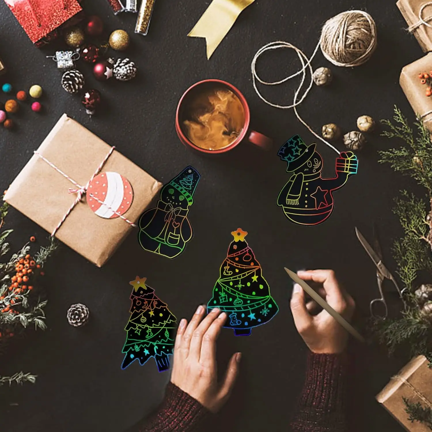 48pcs rainbow scratch colored christmas decorations, magic scratch cards, party supplies for christmas tree classroom decoration