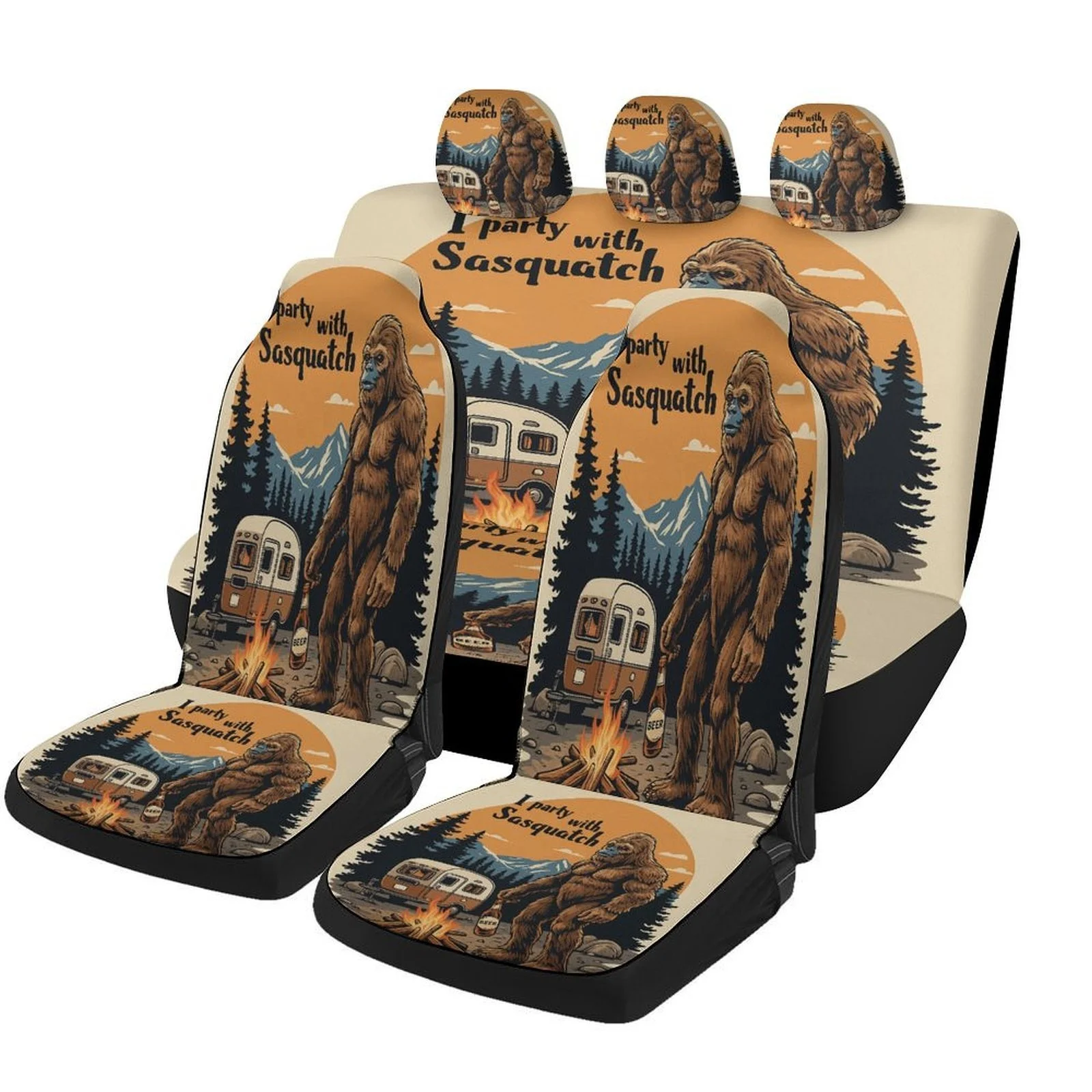 Sasquatch Camping Party Themed Car Seat Cover Set - Trendy High-Quality Polyester Full Set For Most Cars, Universal Fit For 2 Fr