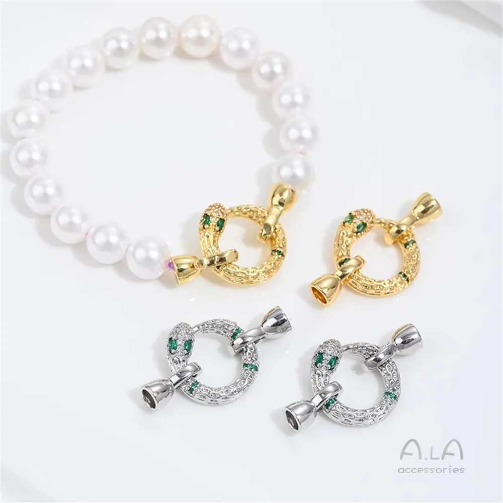 Copper Plated 18K Real Gold Green Zirconium Serpentine Ring Pearl Buckle Accessories DIY Handmade Crystal Necklace Jewelry Acces