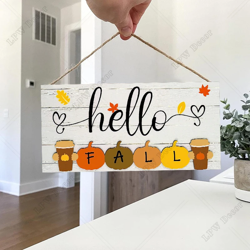 Rustic Hello Fall Wall Hanging Decor Wood Art Plaques Sign Door Sign for Home Living Room Front Door Decor