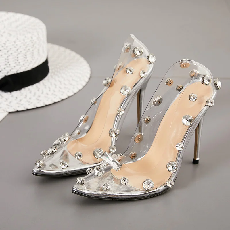 2022 Rhinestone Crystal Heels Wedding Bridal Women's Shoes Slim Heels Sheer Party Women Sandals Zapatos Large Size 43