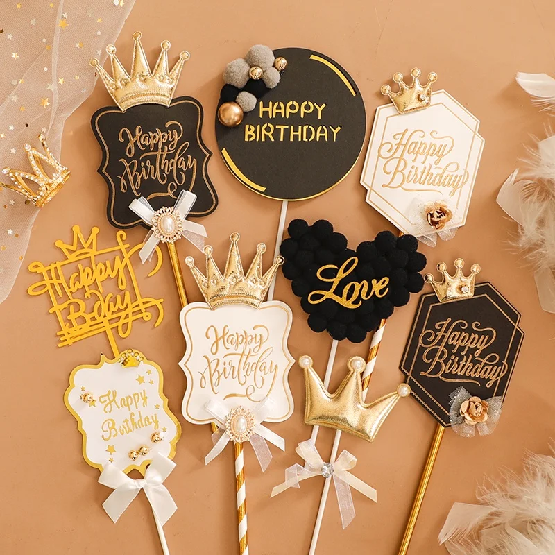 Adorno de Pastel de Cumpleaños con Corona Real en Blanco y Negro para Decoración de Fiestas, Suministros de Repostería, Regalos de Amor, Herramientas para Fiestas