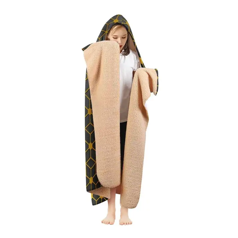 Gold Geometric Cubic Hooded Blanket - Decorative Geometrical Blanket Hoodie, Snuggle Blanket, Cloak Blanket Cape, Kids Wearable