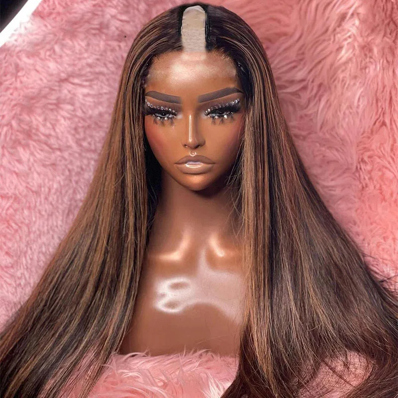 Highligh Dark Chocolate Brown V Part Wigs Silky Straight 100% Human Hair Wig Unprocesse Ombre Honey Blonde U Shape Full End 30''