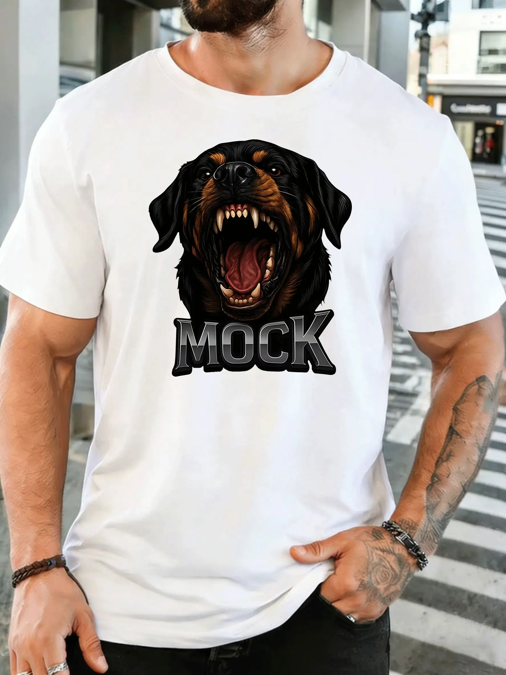 Angry Rottweiler Dog Mock Text Mens Front Print T Shirt Realistic Animal Graphic Tee Casual Short Sleeve Top Dog Owner Gift