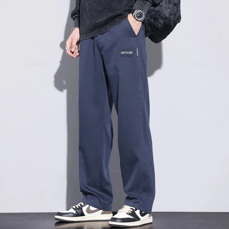 New Upgraded Autumn Winter Soft Cosy Lyocell Fabric Men's Pants Baggy Straight Elastic Waist Thick Wide Trousers Male Oversized