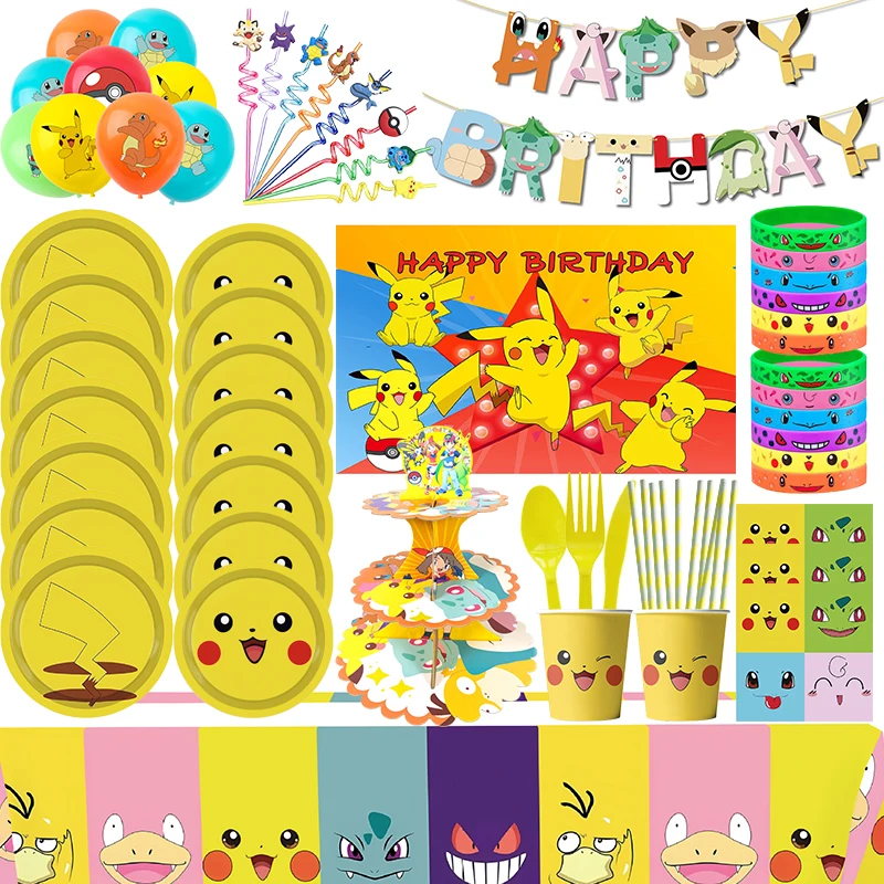 Pokemon decorazioni per feste di compleanno bicchieri di carta piatti Pikachu stoviglie tovaglia sfondo Banner palloncini Set Baby Kids Gifts