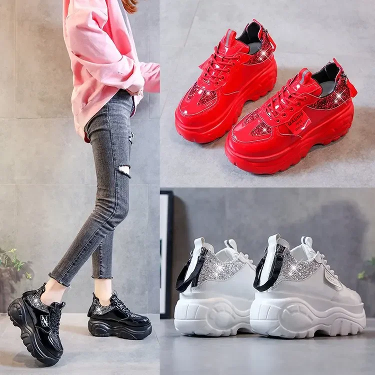 New Women Glitter Sneakers Casual Female Lace Up Zipper Platform Shoes Fashion Comfort Dad Chunky White Black Red g87