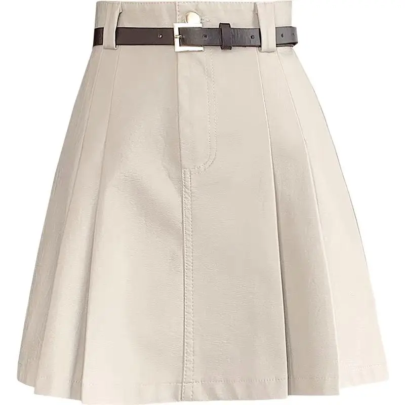 ربيع الخريف المرأة موضة سليم الصلبة البسيطة بولي Leather التنانير الجلدية سيدة رشيقة تنورة سوداء 2025 ملابس جديدة الإناث