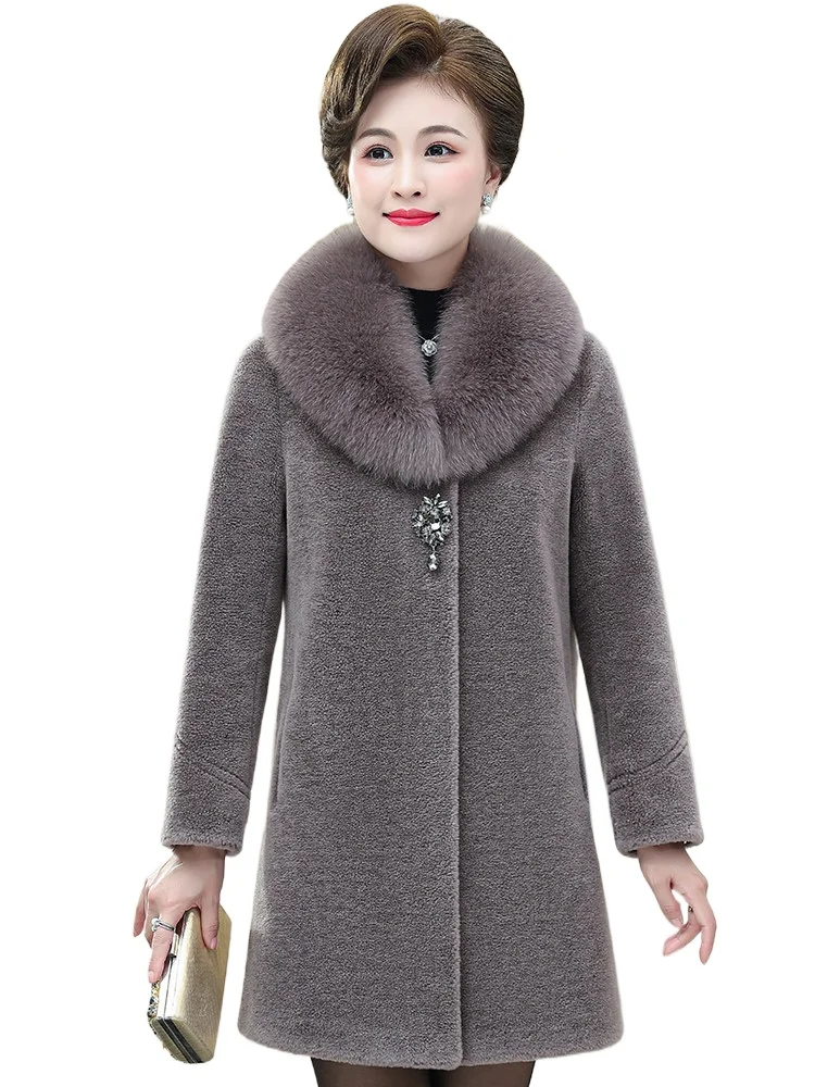 

Пальто из овечьей шерсти с воротником из меха лисы для женщин среднего и пожилого возраста, цельное, из меха ягненка, Haining