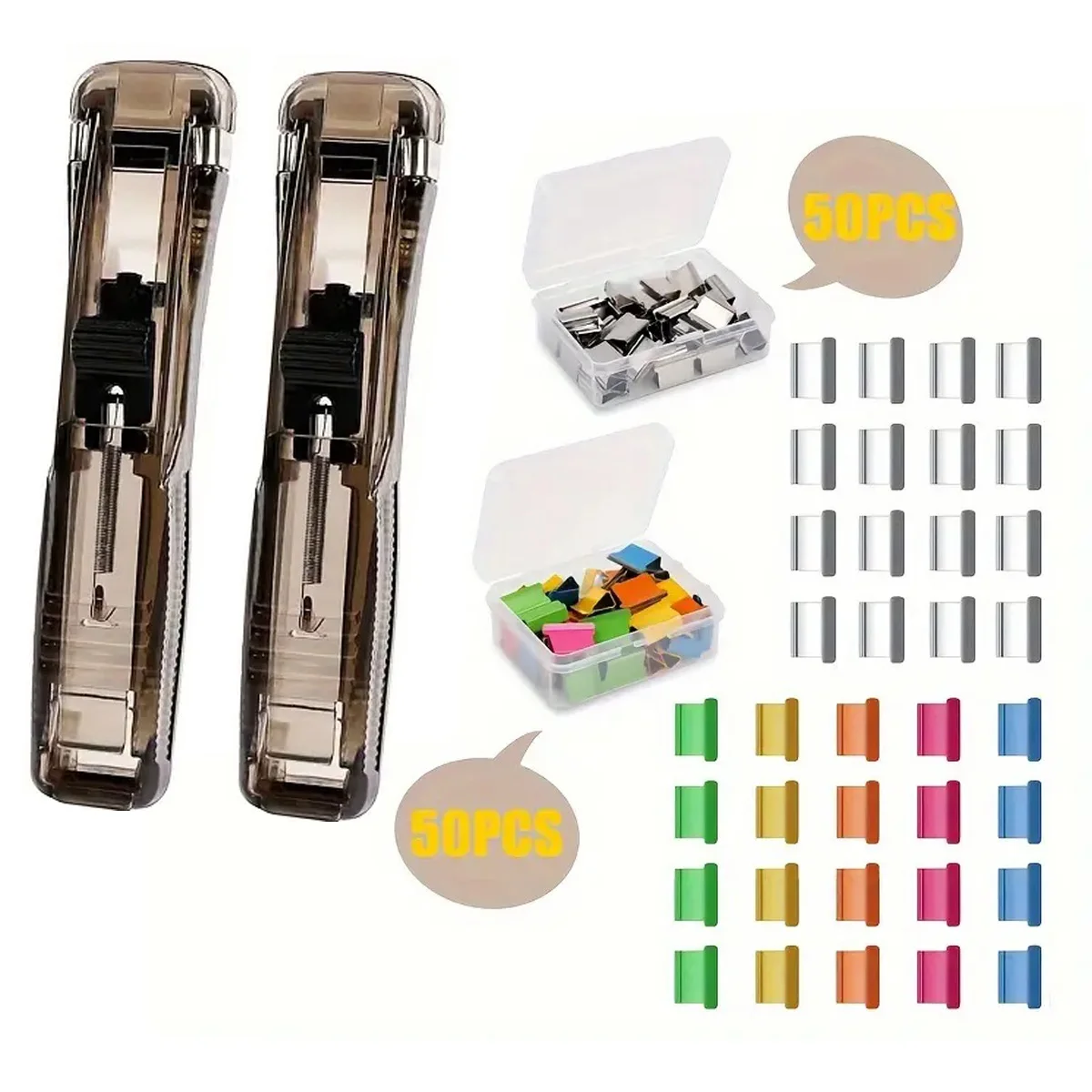 2pcs Clip Pusher Stapler with 100pcs Push Clip Binder Clips，Modern Stapler Push Clamp Office Paper Clip