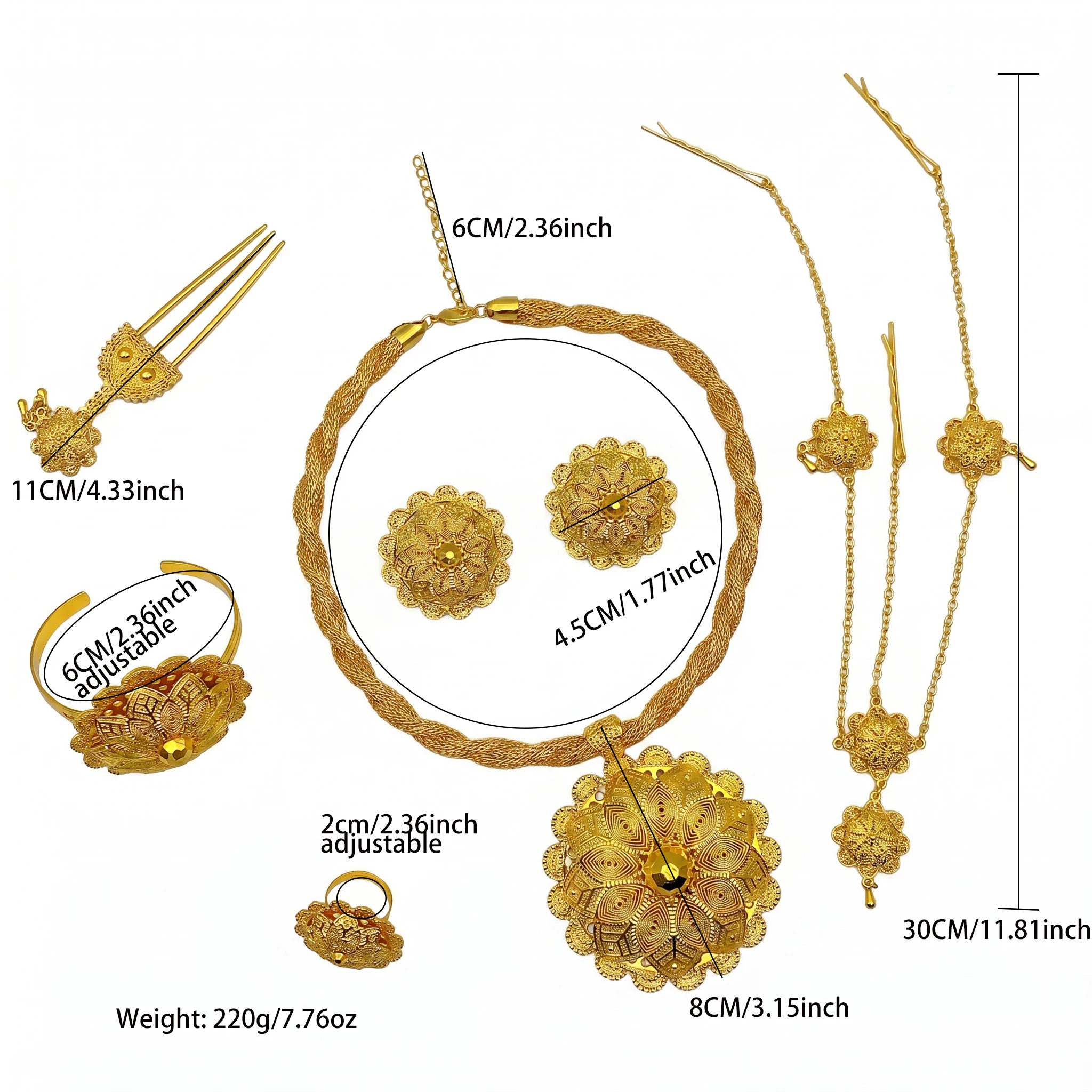Äthiopisches 24k vergoldetes 6-teiliges Schmuckset für Damen, Dubai, afrikanisch-indische große Anhänger-Halskette, Hochzeits- und Verlobungsgeschenke – Detail 6