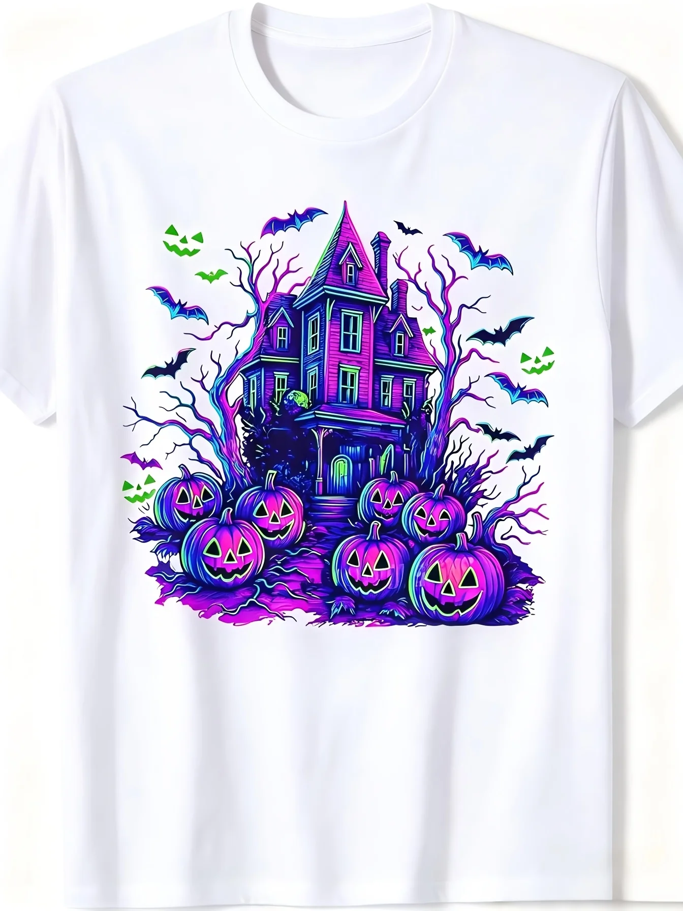 Neon Haunted House Printed T-shirt, Treacherous Retro Style Men's and Women's Same Daily Wear 2026 Fun Christmas Novelty Men's T-shirt, Summer Trend Street Clothing Fashion, High-quality Comfortable Casual Printed T-shirt, Pure Cotton 180g
