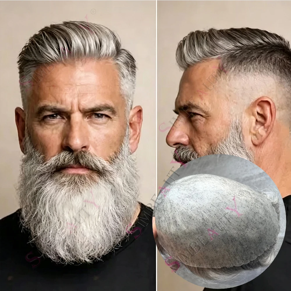 Natural Hairline 1B80 1b65 Gray Silver Black Human Hair Men's Toupee Capillary Prosthesis Undetectable Full Pu Durable Male Wigs
