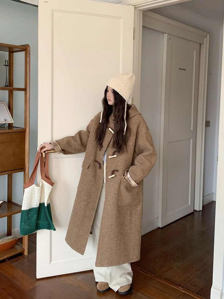 

Двустороннее шерстяное пальто-шляпка с пуговицами и клетчатым узором от Linyunyun, корейский стиль, прямой крой, длинный рукав