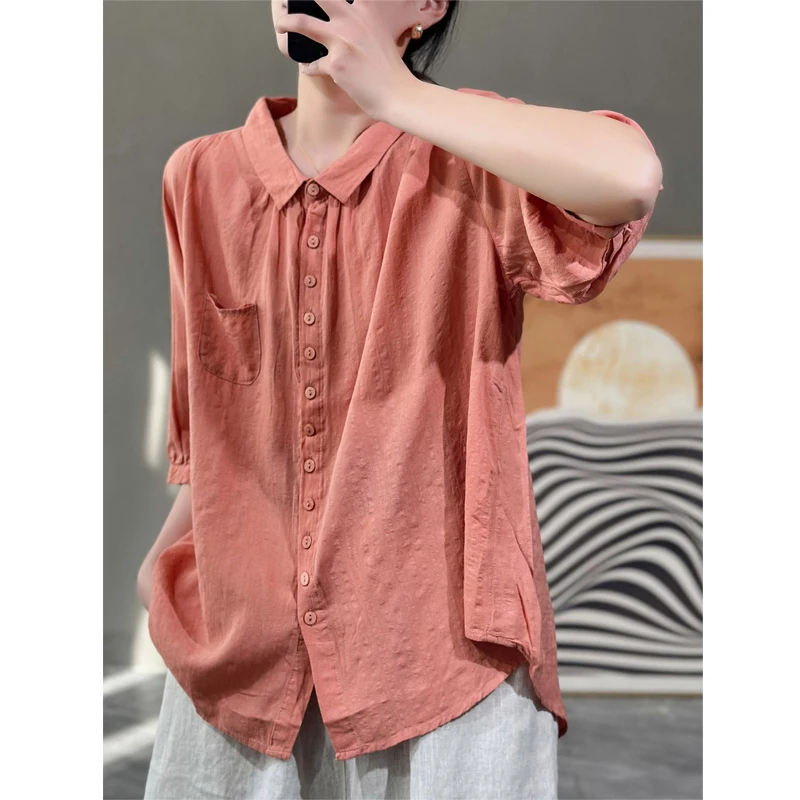 Women\'s Clothing Simple Polo Collar Oversized Vintage Cotton Linen Single Breasted Shirt Summer Casual Solid Half Sleeve Blouses