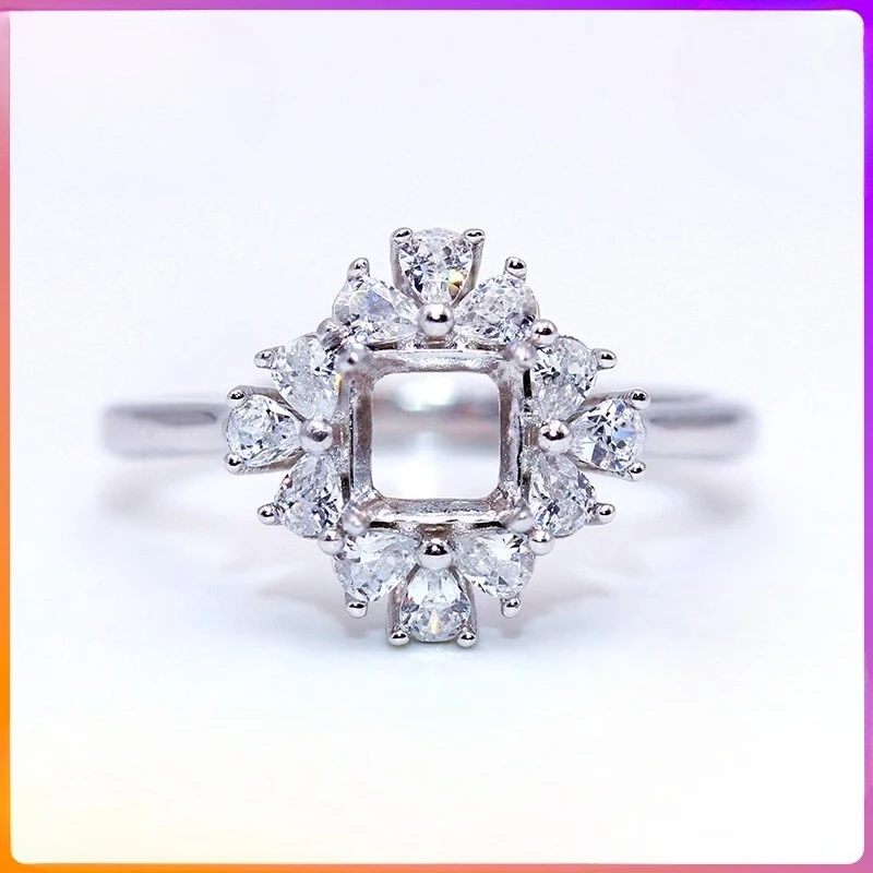 S925 Sterling Silver Ring Setting, Suitable for 5–7mm Beveled Square Stones, DIY Ring Base