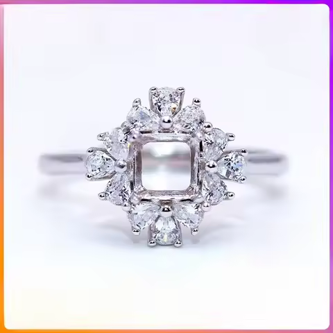 S925 Sterling Silver Ring Setting, Suitable for 5&ndash;7mm Beveled Square Stones, DIY Ring Base