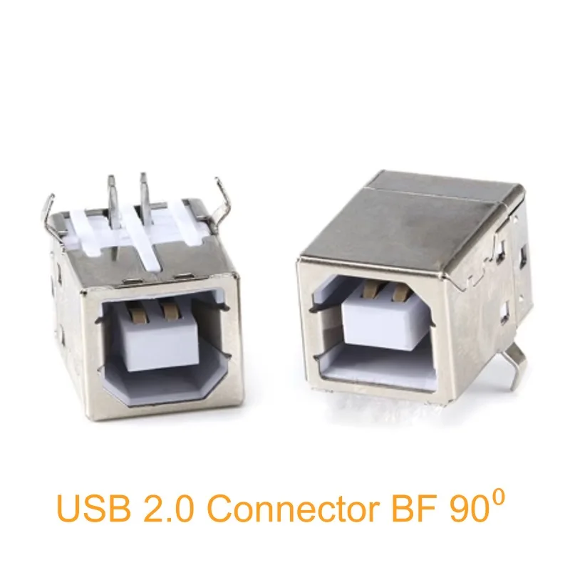 90-Degree USB Type-B Female Printer Port Connector, Black Plastic Housing with Brass/Iron Shell