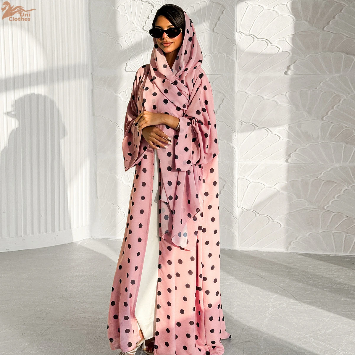 2026 سترة إسلامية طويلة منقطة عباية مفتوحة مع حجاب ملابس إسلامية فستان نسائي إسلامي عباية عيد رمضان