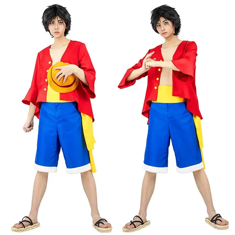 Anime Luffy Cosplay Costume Straw Hat Red Jacket Monkey D. Luffy Halloween Carnival Party Costumes for Men Women Adult Children