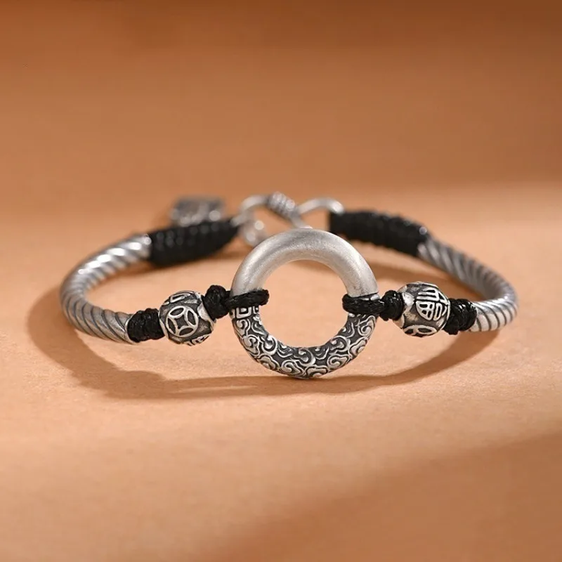 New in silver 925 Auspicious Cloud circular ring bracelet for women Retro Black Braided bangles charms Couple style fine Jewelry