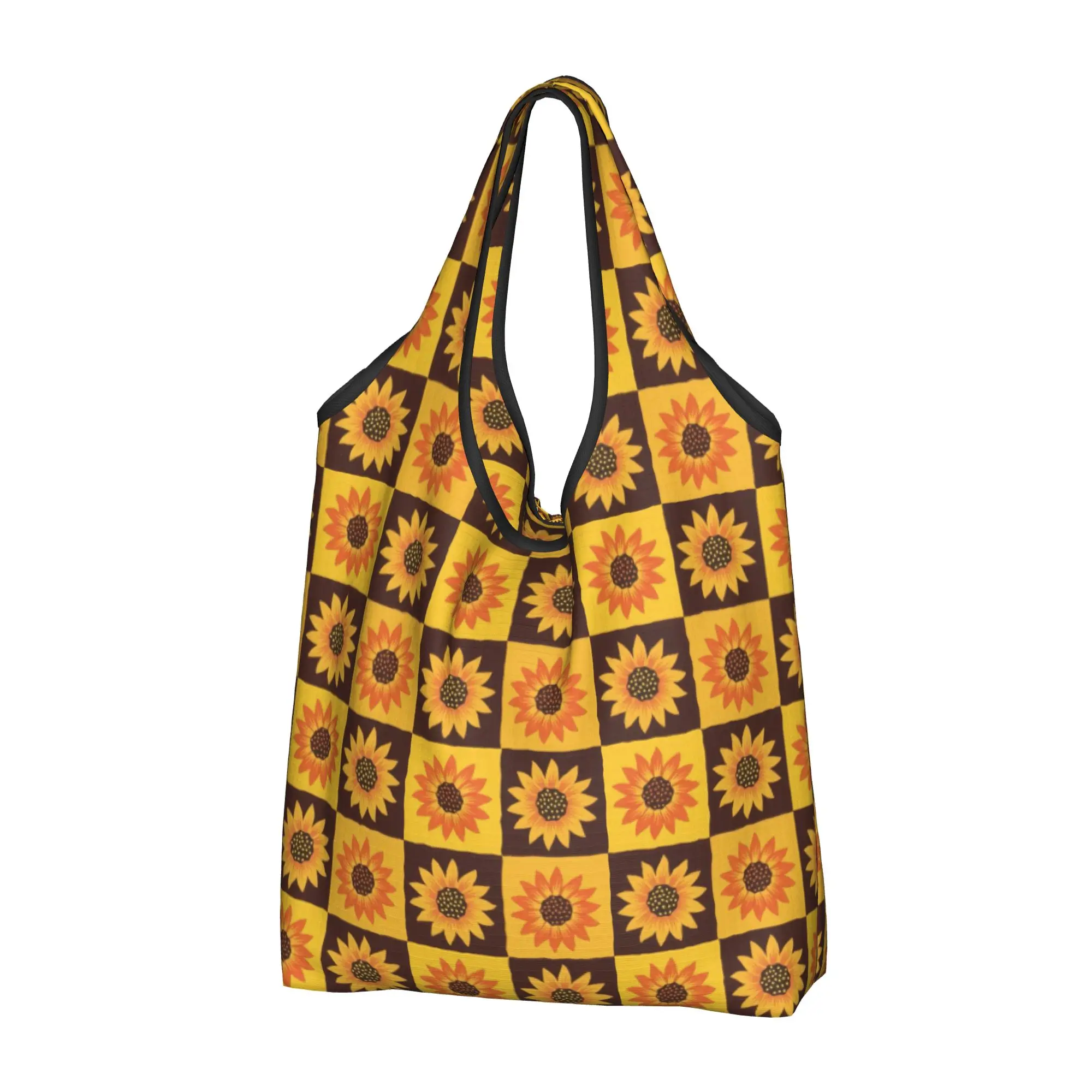 Reusable Daisy Checkered Sunflowers  Shopping Bag Women Tote Bag Portable Yellow and Brown  Groceries Shopper Bags
