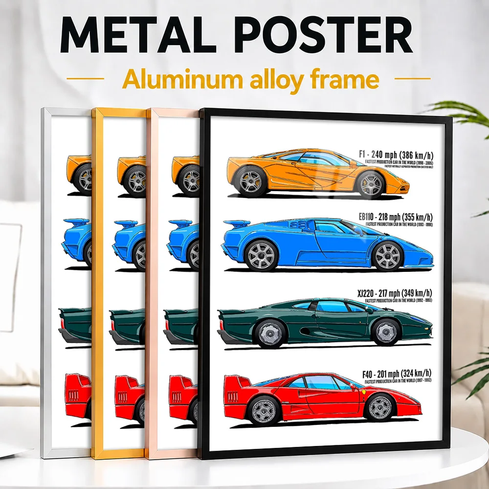 Fastest Production Cars Framed Aluminum Metal Poster Customized Photo Minimalist Engineering Style Wall Art For Collector Room