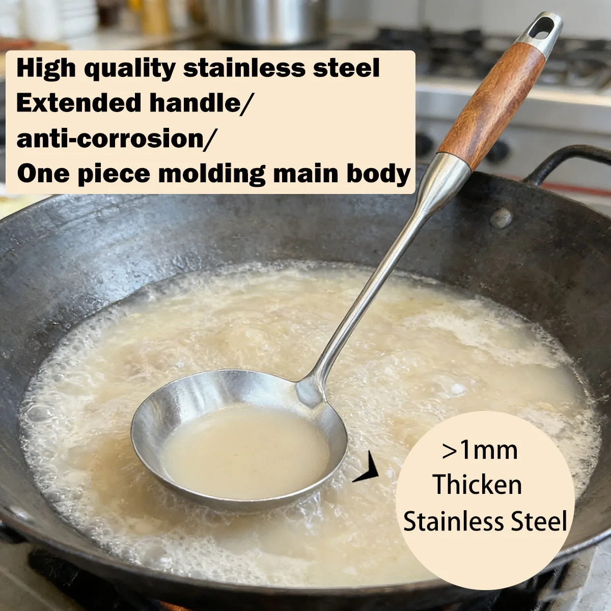 Personalized Soup Ladle, 304 Stainless Steel Cooking Ladle with Wooden Handle, Custom Engraved Name or Logo