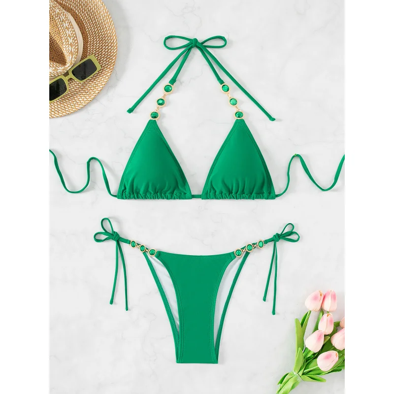 New Hot-Selling Sexy Tie Halter Neck Solid Color Swimwear Triangle Beach Bikini