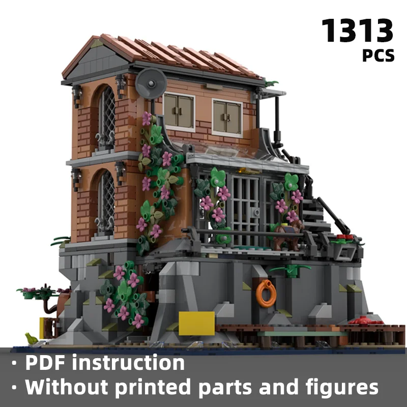 The riverside leisure-themed building block scene of the retro cottage built by the water creates a retro cottage texture