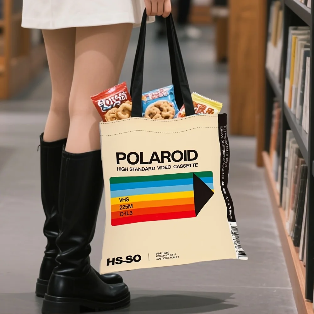 1 Stück Retro-Einkaufstasche mit VHS-Polaroid-Muster – robuste, wiederverwendbare Einkaufstasche aus Polyester, zum Einkaufen, für den Freizeitgebrauch – Ostern, Ramadan – Detail 7
