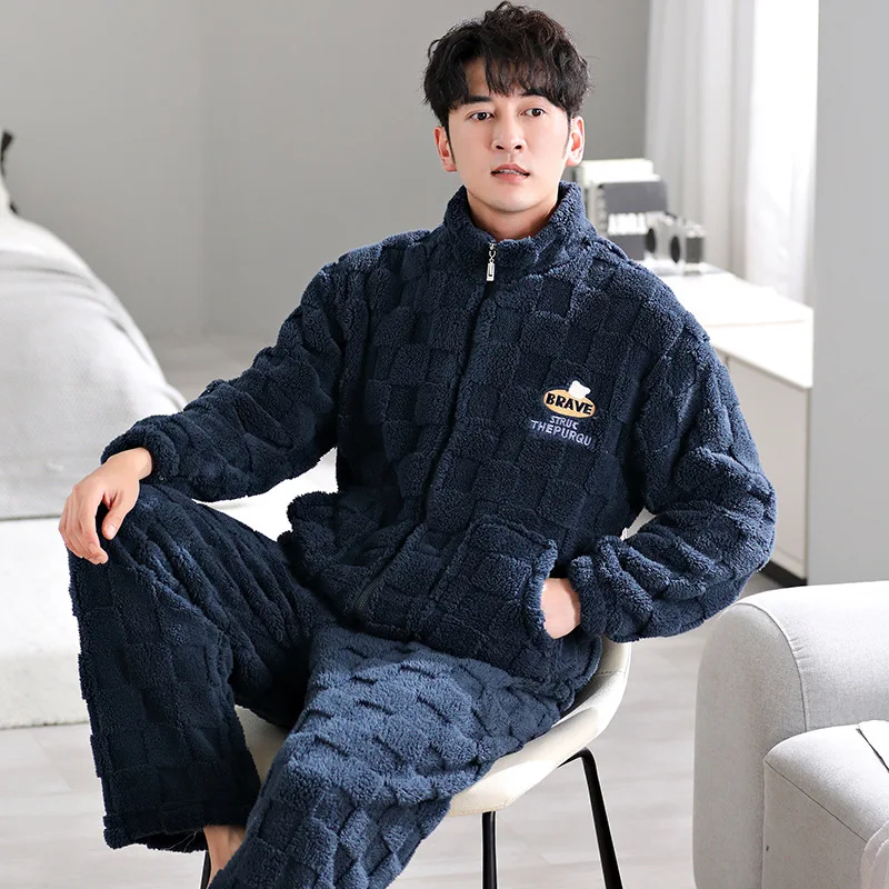 Autumn Winter Men's Coral Velvet Pajamas Set Fashion Thickened Flannel Zipper Home Suit Large Size Casual Warm Loungewear