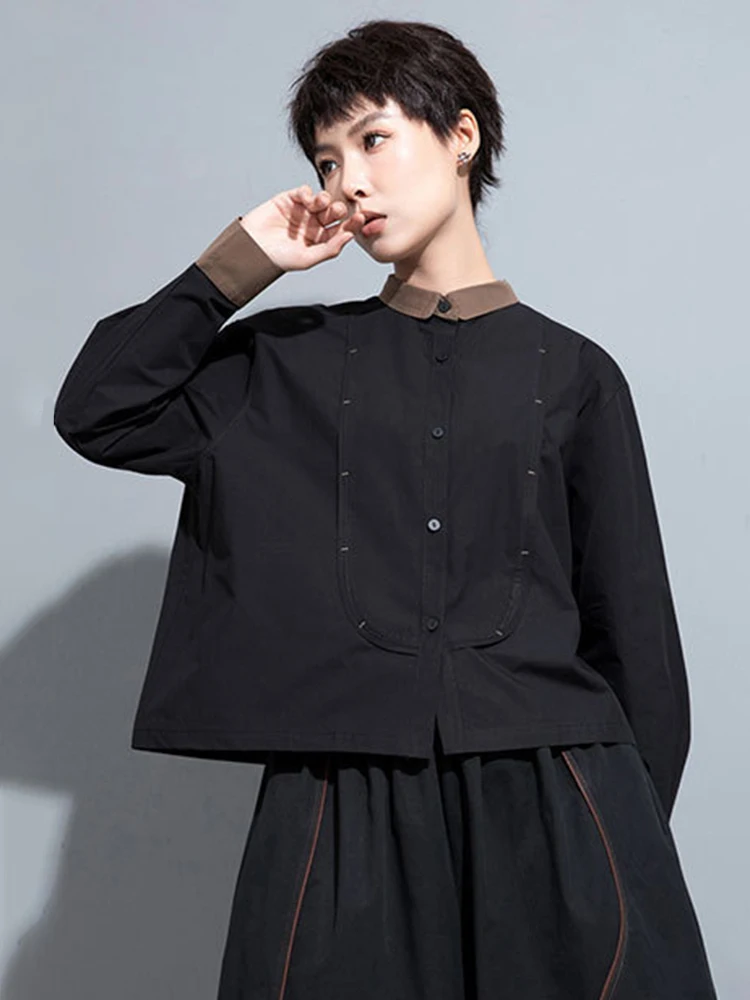 [EAM] Women Black Color-block Big Size Blouse New Lapel Long Sleeve Loose Fit Shirt Fashion Tide Spring Autumn 2024 1DH0847