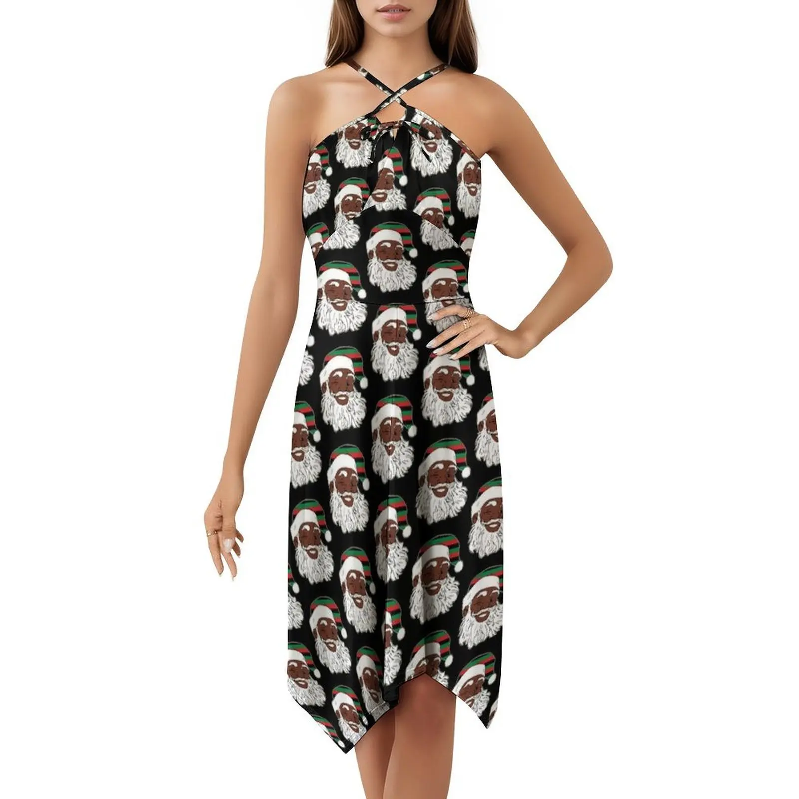غمزة سوداء سانتا كلوز عيد الميلاد عيد الميلاد عموم الأفريقي البوهيمي فستان بلا أكمام متعدد طباعة شاطئ عطلة فستان الحفلات غمزة #6