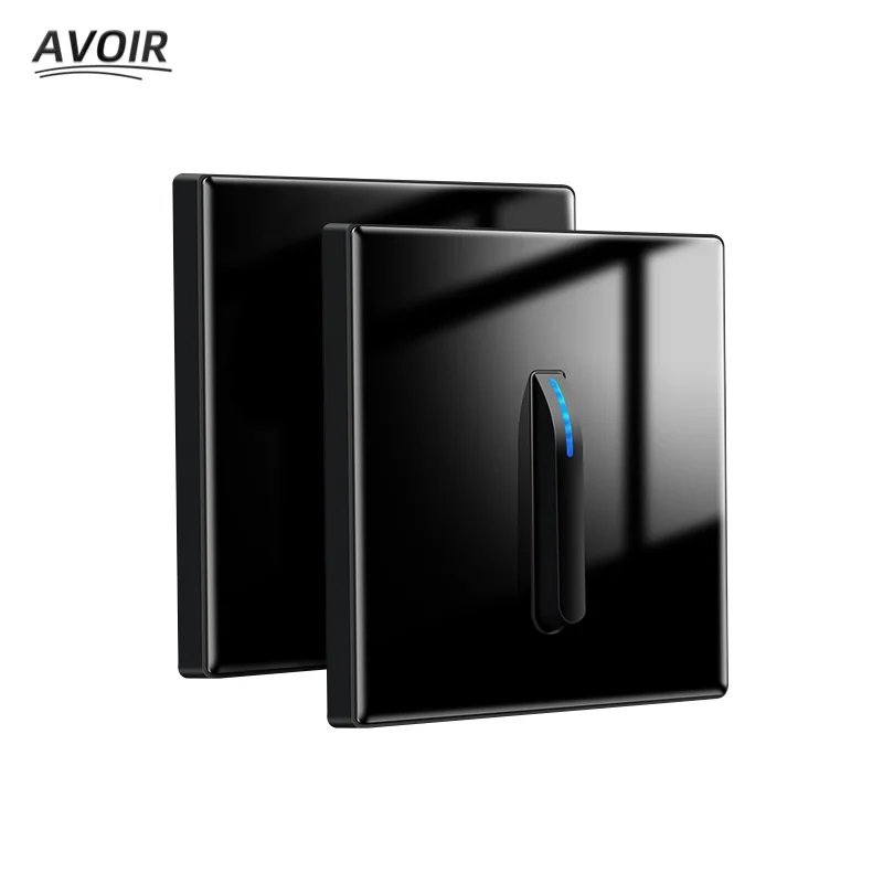 

Avoir Wall Light Switch With LED Indicator Black Piano Key Push Button Reset Switch 16A Glass Panel Power Socket TV RJ45 Outlets