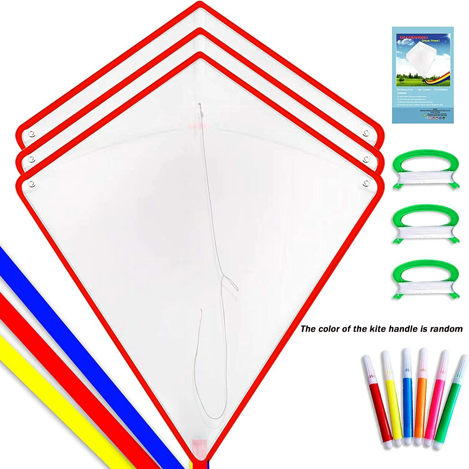 Cometas de bricolaje con cola larga colorida para niños y adultos, gran cometa para principiantes, viene con cuerda y mango, 3 unids/lote por paquete