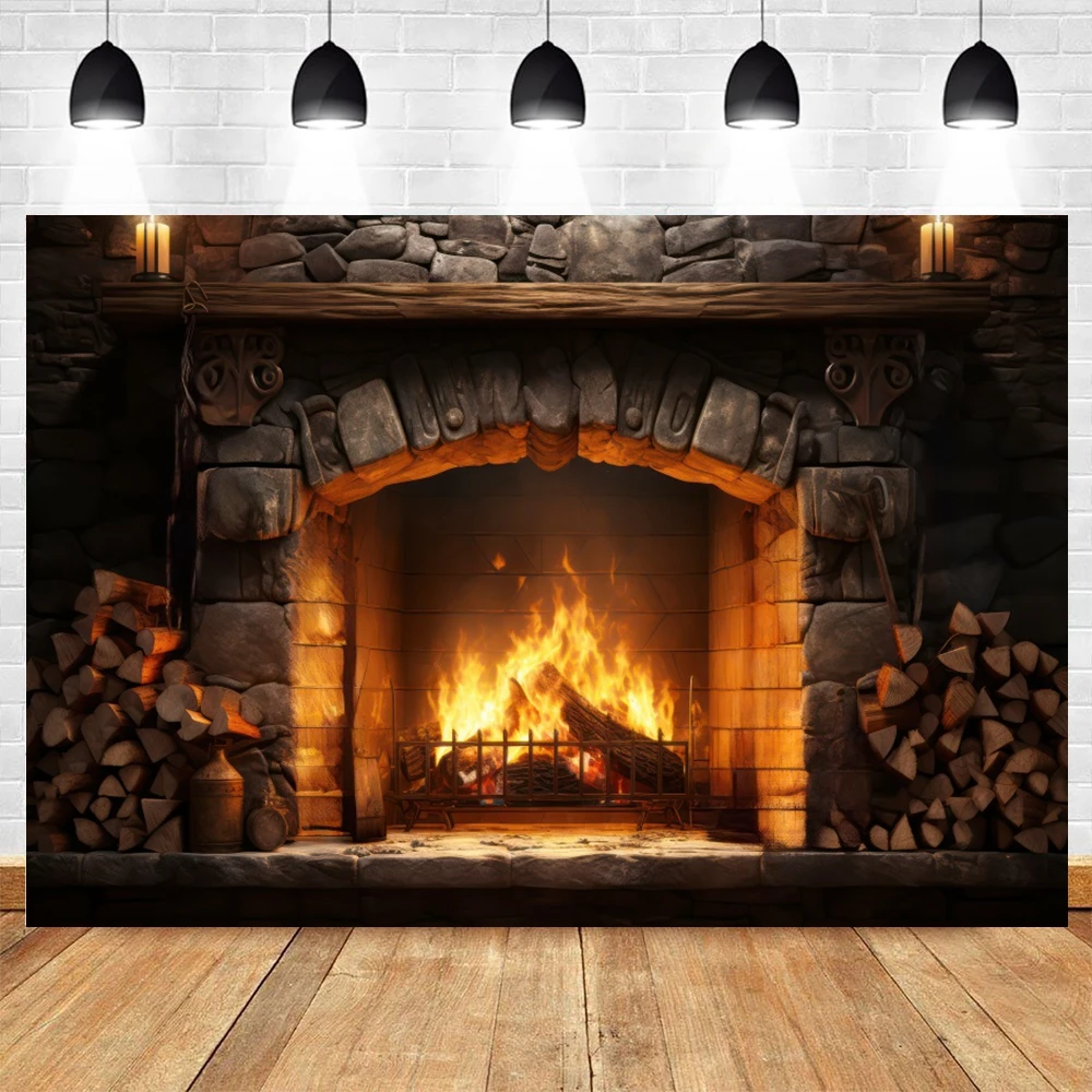 Christmas Fireplace Background for Photography Burning Firewood Flame New Year Home Decor Photographic Backdrops Photo Studio