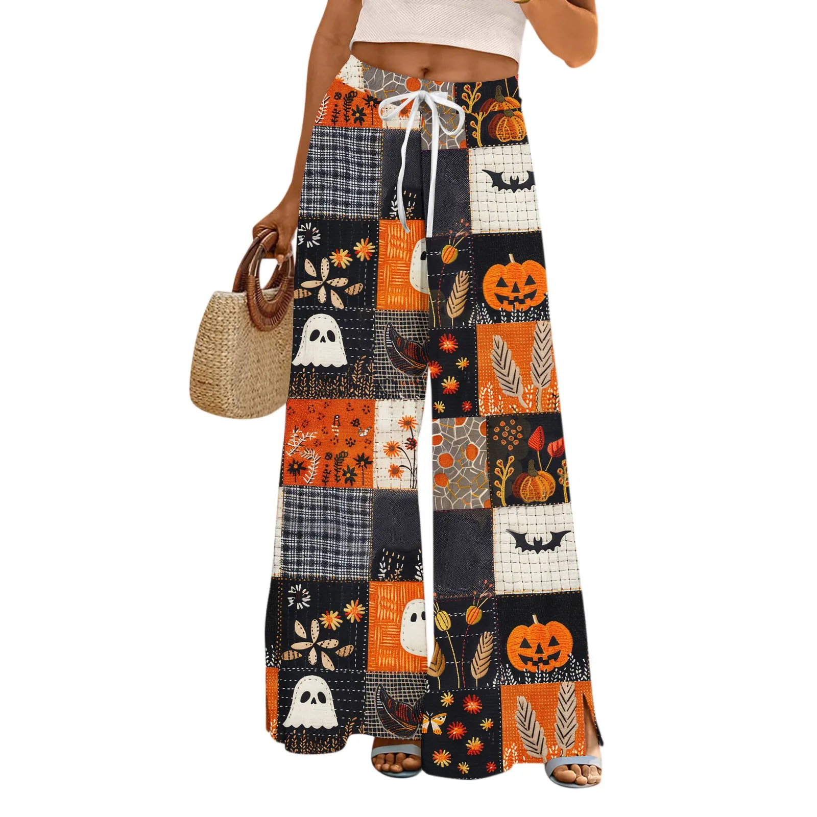 여성 바지 포켓이있는 넓은 다리 바지 캐주얼 바지 인쇄 된 탄성 허리 운동복 Pantalones De Mujer Cargo Pants Women