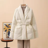 New Fashion Temperament Cotton Coat Women Winter Warm Solid Color V-neck Gathered Waist Jacket Coats Parkas with Belt 4