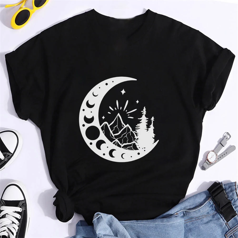 Moon Eclipse Process Mountain Print Women T Shirt Short Sleeve Cartoon summer fashion O Neck Loose Women T-shirts top Clothing