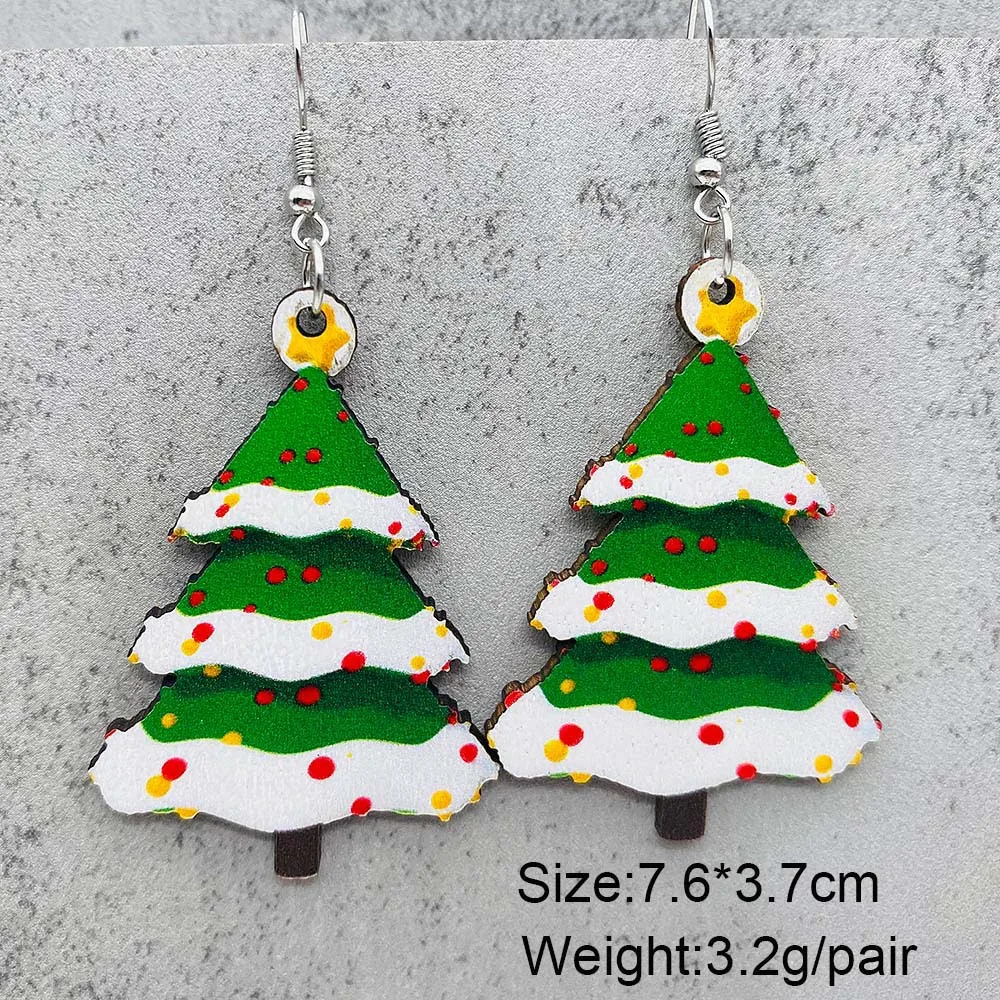 New Star Christmas Tree Hanging Wooden Earrings Cute Leopard Print Christmas Grandpa Faceless Dwarf Elk Christmas Earrings