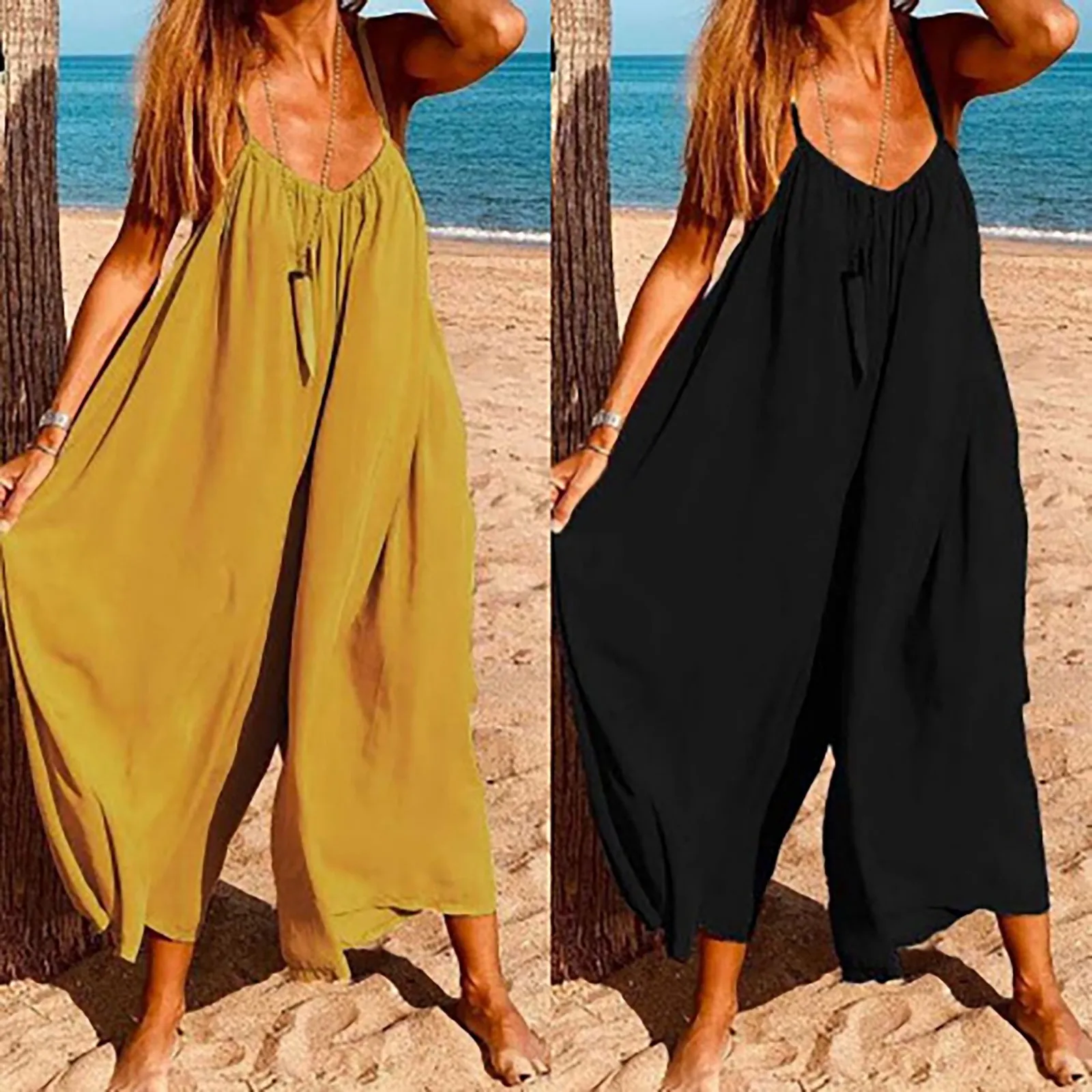 

2023 Summer Women Sexy Jumpsuits Fashion Solid V Neck Long Overalls Loose Sleeveless Playsuits Wide Leg Pants Oversized Romper