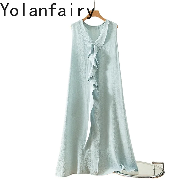 YOLANFAIRY 76% Mulberry Silk Woman Dresses Summer Elegant women Dress Lotus Leaf Edge Sleeveless Dresses Vestido Mujer Verano