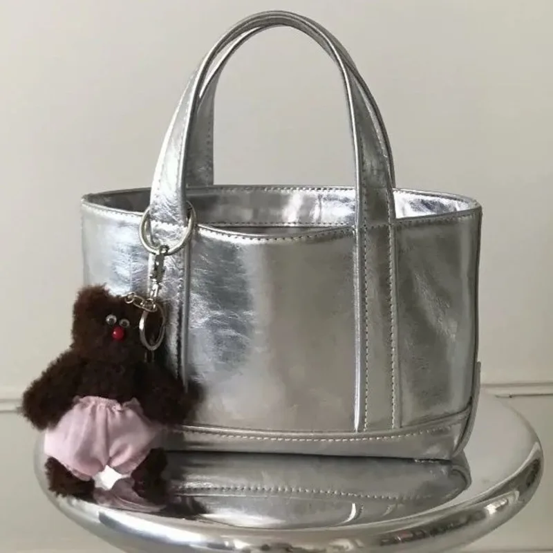 

Women's Handbags Silver PU Korea Dongdaemun Practical Simple Handbag Trendy Large Capacity Single Shoulder Handheld Tote Bag New