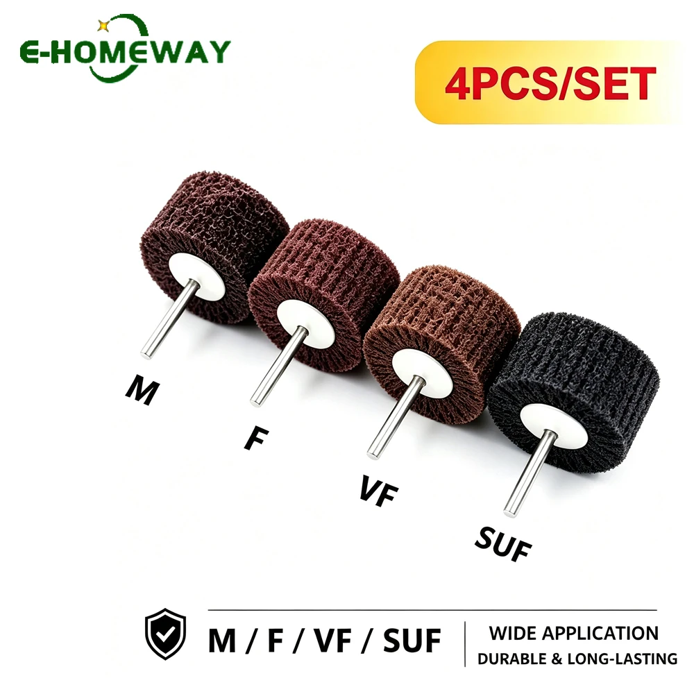 4Pcs Set Non-Woven Abrasive Buffing Wheel Drills - M/F/VF/SUF Grit Polishing Wheels for Metal, Wood, Plastic- 1/4